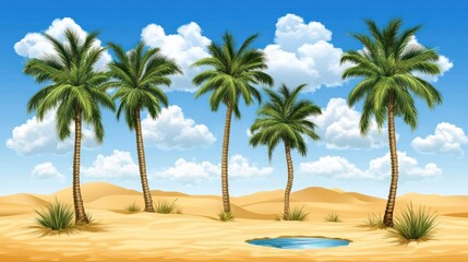 Fototapeta premium Oasis with palm trees in desert landscape under a blue sky with clouds.