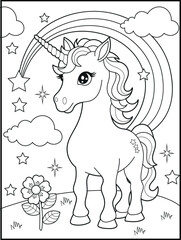 Illustration of a cute baby unicorn cartoon character. Black and white Printable Unicorn coloring page for kids.