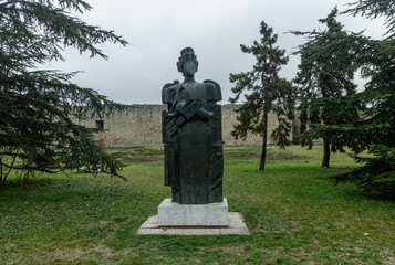 Statue of Despot Stefan Lazarevic at the Belgrade Fortress grounds in winter, Serbia