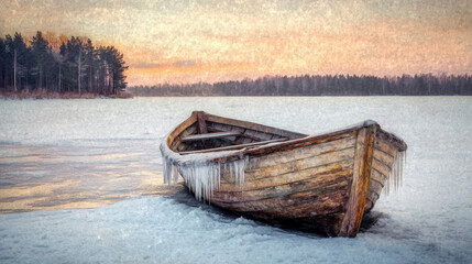 A weathered wooden boat abandoned on a snowy shoreline, icicles hanging from its frame, set against a frozen lake with towering