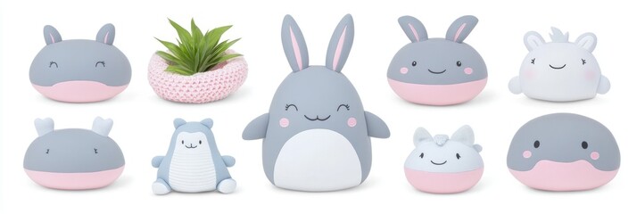 Obraz premium Adorable grey and pink animal-shaped planters and succulent pot.