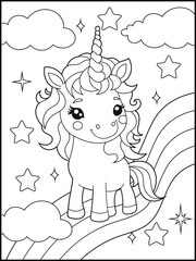 Illustration of a cute baby unicorn cartoon character. Black and white Printable Unicorn coloring page for kids.