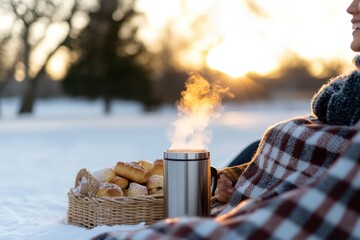 An inviting setup of hot coffee and pastries nestled in a basket against a backdrop of snow, showcasing a cozy moment perfect for winter well-being.
