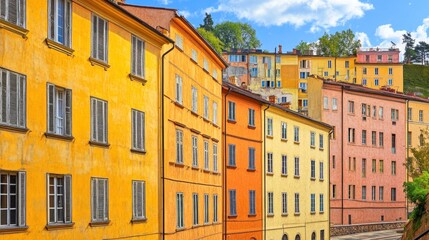 Fototapeta premium Colorful buildings on a hillside under a blue sky.