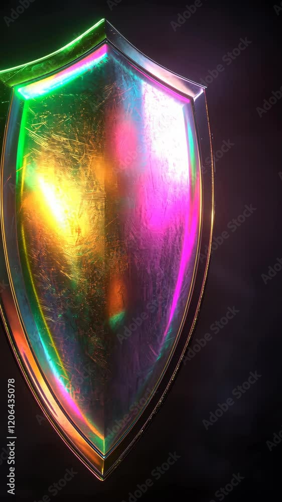 Poster colorful reflective shield showcasing vibrant hues against a dark background to emphasize its unique