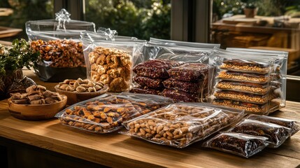 Fototapeta premium Assorted nuts and snacks displayed in transparent bags on a wooden table in a sunny kitchen