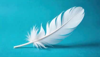 Obraz premium Floating white feather on turquoise background still life photography minimalist design calm atmosphere