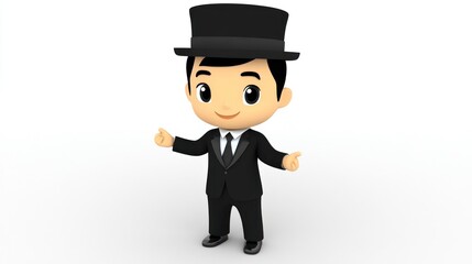 Obraz premium Cute cartoon businessman in tuxedo and top hat, gesturing.