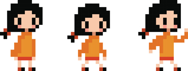 Pixel art girl 8 bit kid in orange sweater and skirt black hair in different poses vector full body