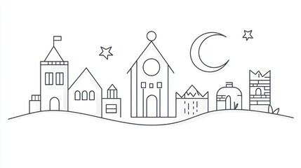 Simple line art illustration of a whimsical town at night with a crescent moon and stars.