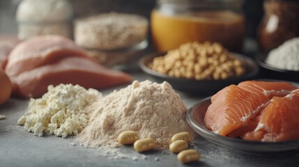 Fototapeta premium Assorted Healthy Ingredients Displayed on a Kitchen Counter with Natural Lighting and Textures
