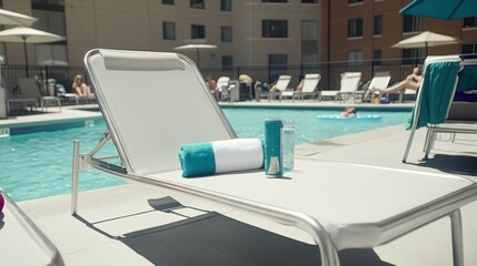 Fototapeta premium Poolside lounge chair with towels and drinks.