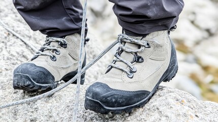 Close-up of hiking boots on rocks.