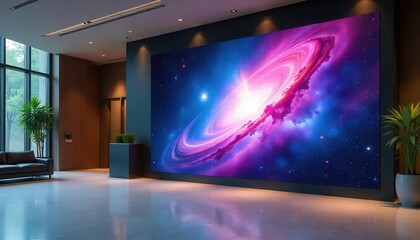 Cosmic art display modern gallery digital artwork contemporary interior eye-level view abstract space theme