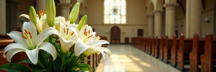 Fototapeta premium White lily arrangement in a church baptismal area, innocence, ceremony, flowers