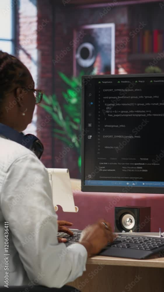 Poster vertical video admin uses computer for artificial intelligence computing simulation, waiting for cod