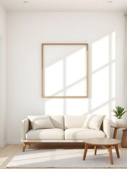 minimalist living room interior with bright airy design, white wall, wooden frame mockup, beige sofa, round coffee table, soft peaceful lighting, modern aesthetic
