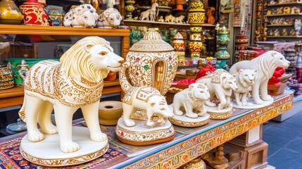 Obraz premium Ornate carved lion and tiger figurines displayed on a colorful table amongst other handcrafted souvenirs.