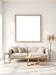 minimalist living room interior with bright airy design, white wall, wooden frame mockup, beige sofa, round coffee table, soft peaceful lighting, modern aesthetic