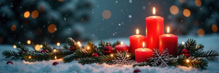 Winter wonderland of candles and evergreen branches, snowflake, decoration