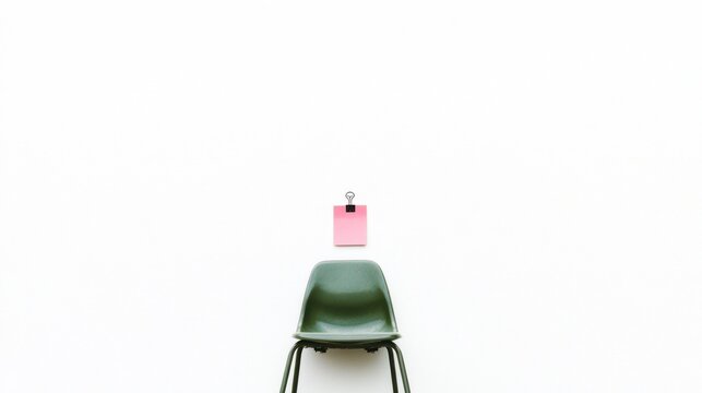 Empty chair facing a pink note on a white wall.