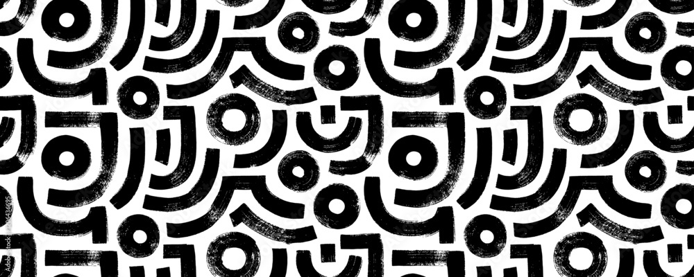 Poster funky style seamless pattern with geometric thick lines and shapes. bold brush drawn maze wallpaper.