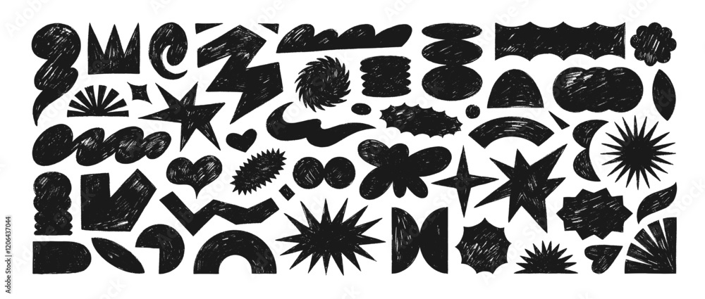Aufkleber abstract geometric shapes and funky icons drawn by crayon. hand drawn retro geometric doodle figures