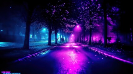 Fototapeta premium Neon-lit street at night, fog, trees, purple, blue, reflections, wet road.