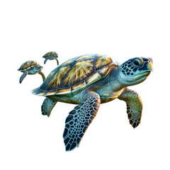 Naklejka premium Sea turtles are swimming isolated on white transparent background