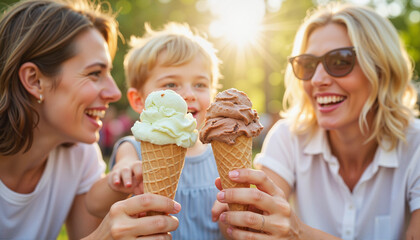 Cheerful family enjoying ice cream at outdoor cafe, joyful bonding
