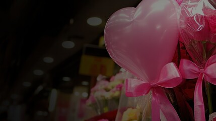 Pink heart balloon and roses with ribbon, bokeh background.