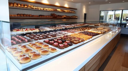 Display of assorted pastries in a modern bakery with bright lighting and a welcoming atmosphere
