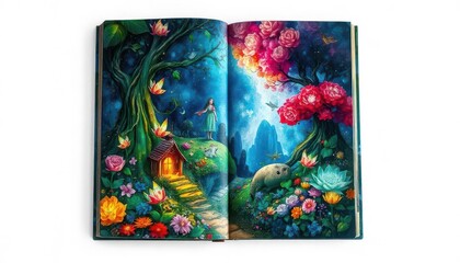 Enchanting illustration of a fairy tale scene fantasy book colorful landscape vibrant garden dreamlike perspective © Trichaiwat