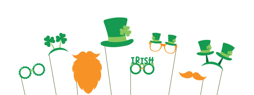 St Patrick's Day photo props, red beard, mustache, green hat, sunglasses with shamrocks, vector design elements