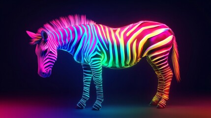Fototapeta premium Neon Glow Zebra with Vibrant Stripes in Dark Background