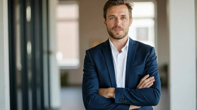Confident Businessman in Modern Office Setting with Professional Attire and Positive Attitude, Smiling and Engaging with the Camera