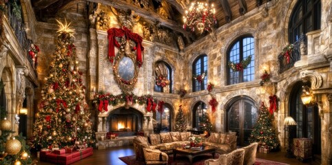 Luxurious Christmas living room with large stone fireplace, decorated Christmas trees, and elegant furniture.