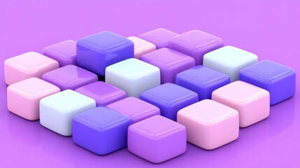 Fototapeta premium Pastel-colored cubes arranged in a scattered pattern on a purple background.