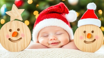 Sleeping baby wearing Santa hat between wooden snowman ornaments near Christmas tree.