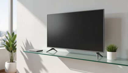 Modern flat-screen TV on glass shelf with indoor plants