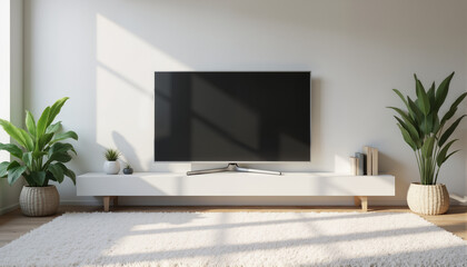 Modern living room with television and indoor plants