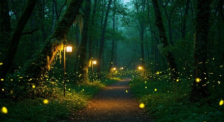 Obraz premium An enchanted forest path illuminated by fireflies and soft magical lights