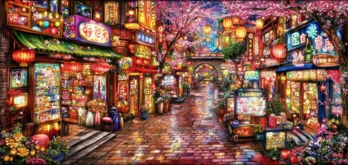 Obraz premium Vibrant Asian night market street scene with cherry blossoms, lanterns, and shops.