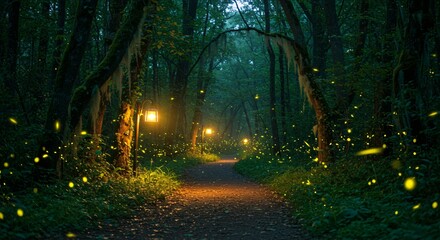 Obraz premium An enchanted forest path illuminated by fireflies and soft magical lights