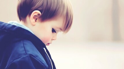 Fototapeta premium Pensive toddler boy looking down, outdoors.