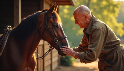 Horse bonding experience rustic stable human interaction natural setting close-up view trust and connection