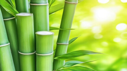 Obraz premium Lush green bamboo stalks and leaves in a bright, blurred natural background.