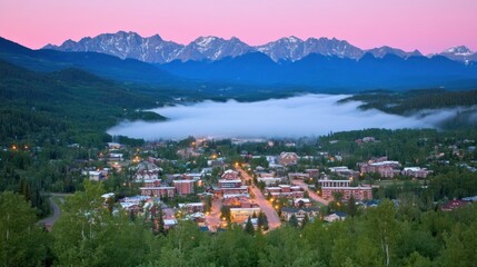 Fototapeta premium Mountain town at sunrise with fog in valley.