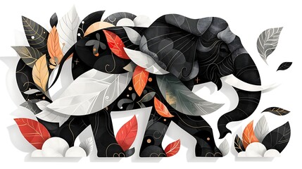 Elegant elephant paper art, autumn leaves, white background, nature illustration, for greeting cards