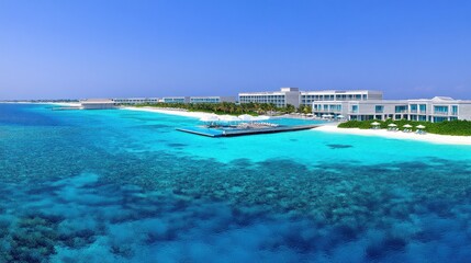 Fototapeta premium Aerial view of luxury resort on tropical island with turquoise water and coral reef.